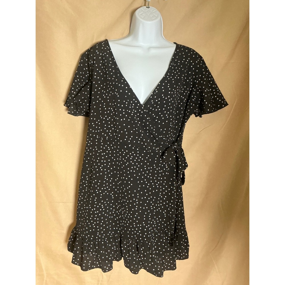Relipop Wrap Dress Womens Large Black Polka Dot Excellent Ruffle Flutter Sleeve